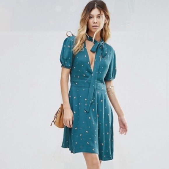 FREE PEOPLE Fit n Flare Tie Neck Boho Dress - Picture 6 of 9